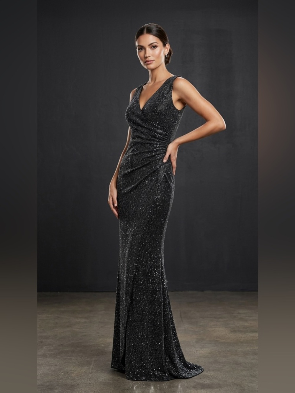Ralph Lauren Sparkle Black Sleeveless V-Neck Gown Worn Once